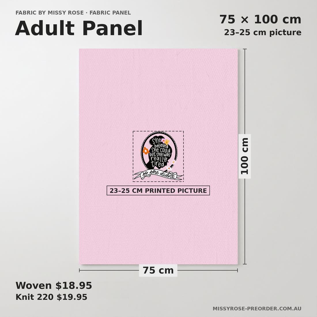 Design 136 Tired Panel adult panel sizing – 23–25 cm printed picture on 75 × 100 cm fabric | Fabric by Missy Rose