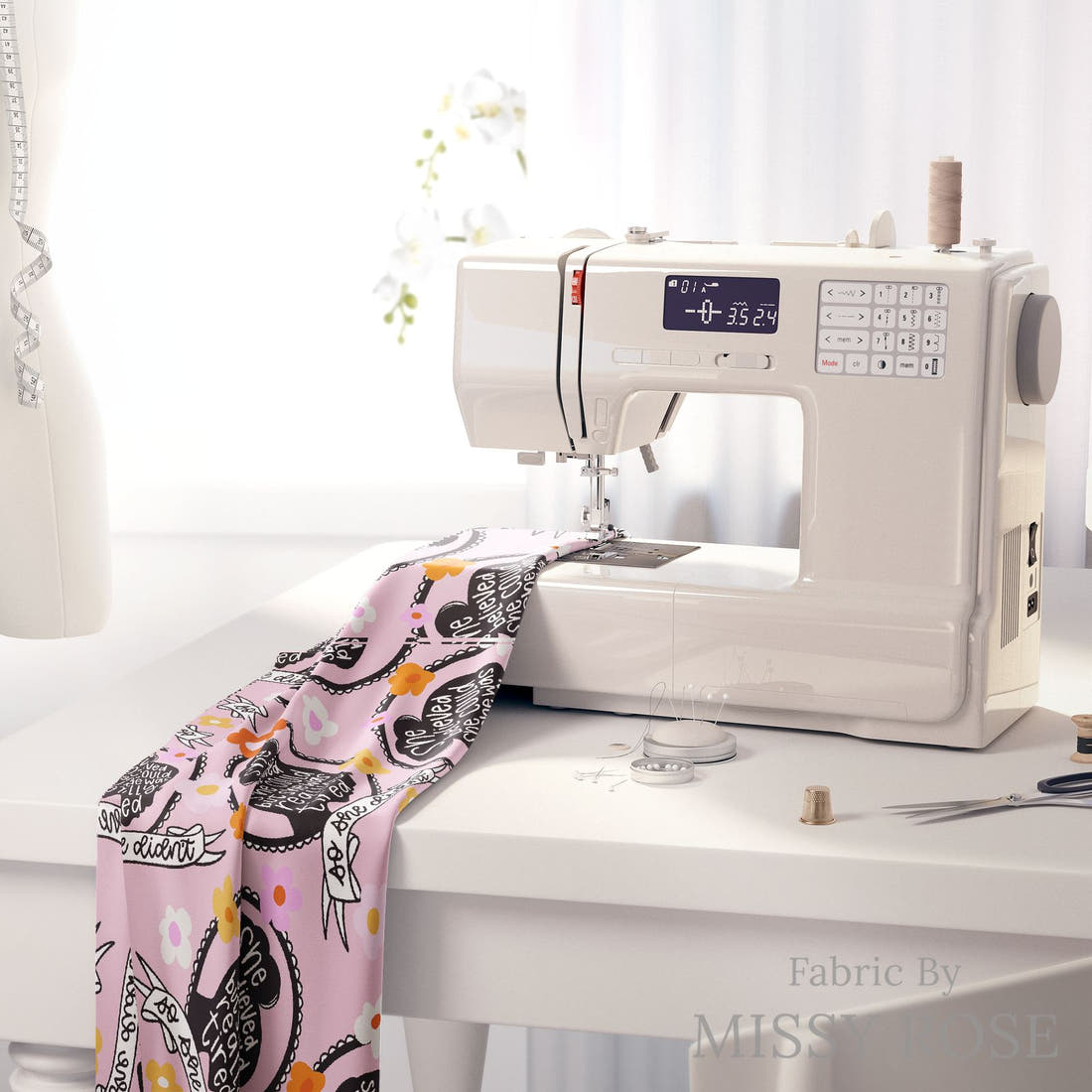 Design 136 Tired Fabric on a sewing machine – premium fabric for sewing projects | Fabric by Missy Rose