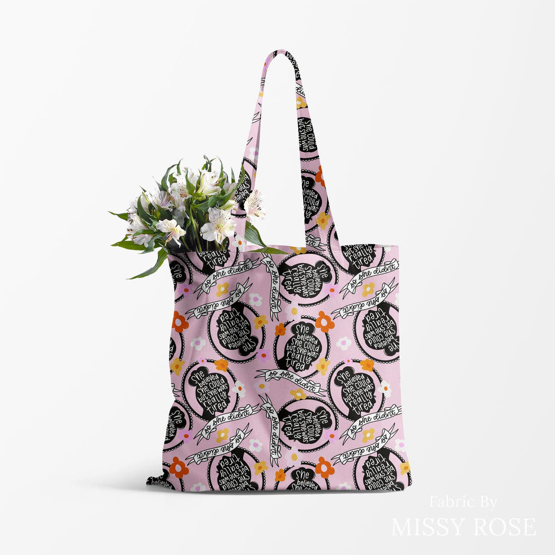 Design 136 Tired Fabric made up as a tote bag – see how the print looks made up | Fabric by Missy Rose