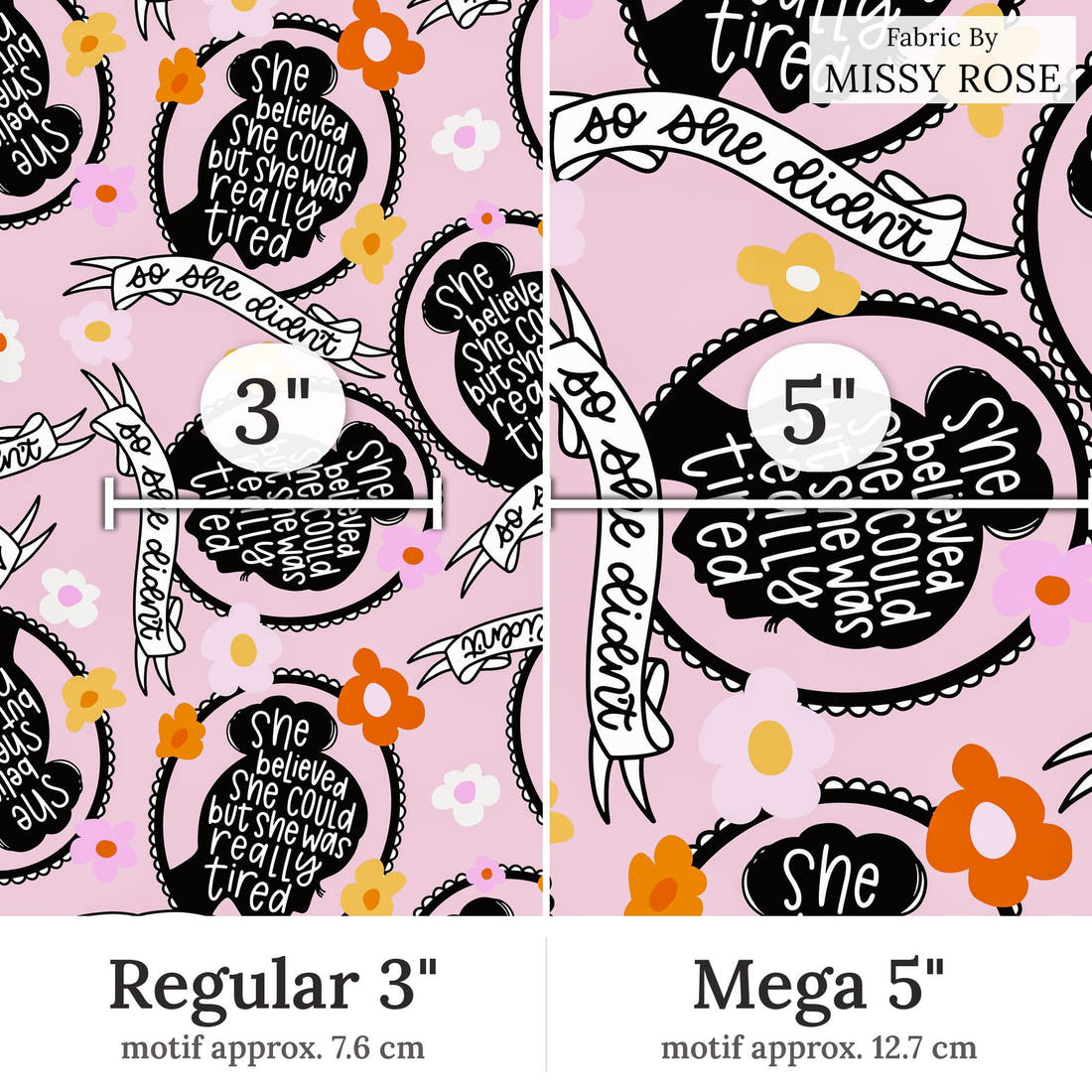 Design 136 Tired Fabric Regular 3 inch vs Mega 5 inch print scale side by side | Fabric by Missy Rose