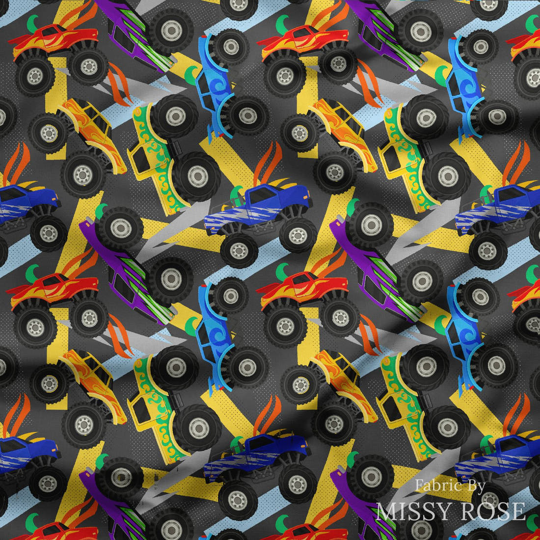 Design 137 Grey Monster Truck Fabric draped fabric mockup – custom printed fabric by the metre | Fabric by Missy Rose
