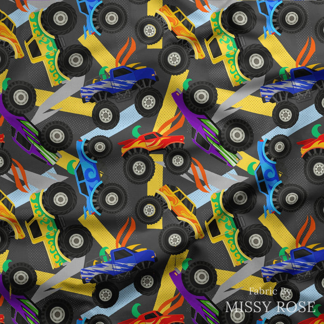 Design 137 Grey Monster Truck Fabric draped fabric mockup – custom printed fabric by the metre | Fabric by Missy Rose