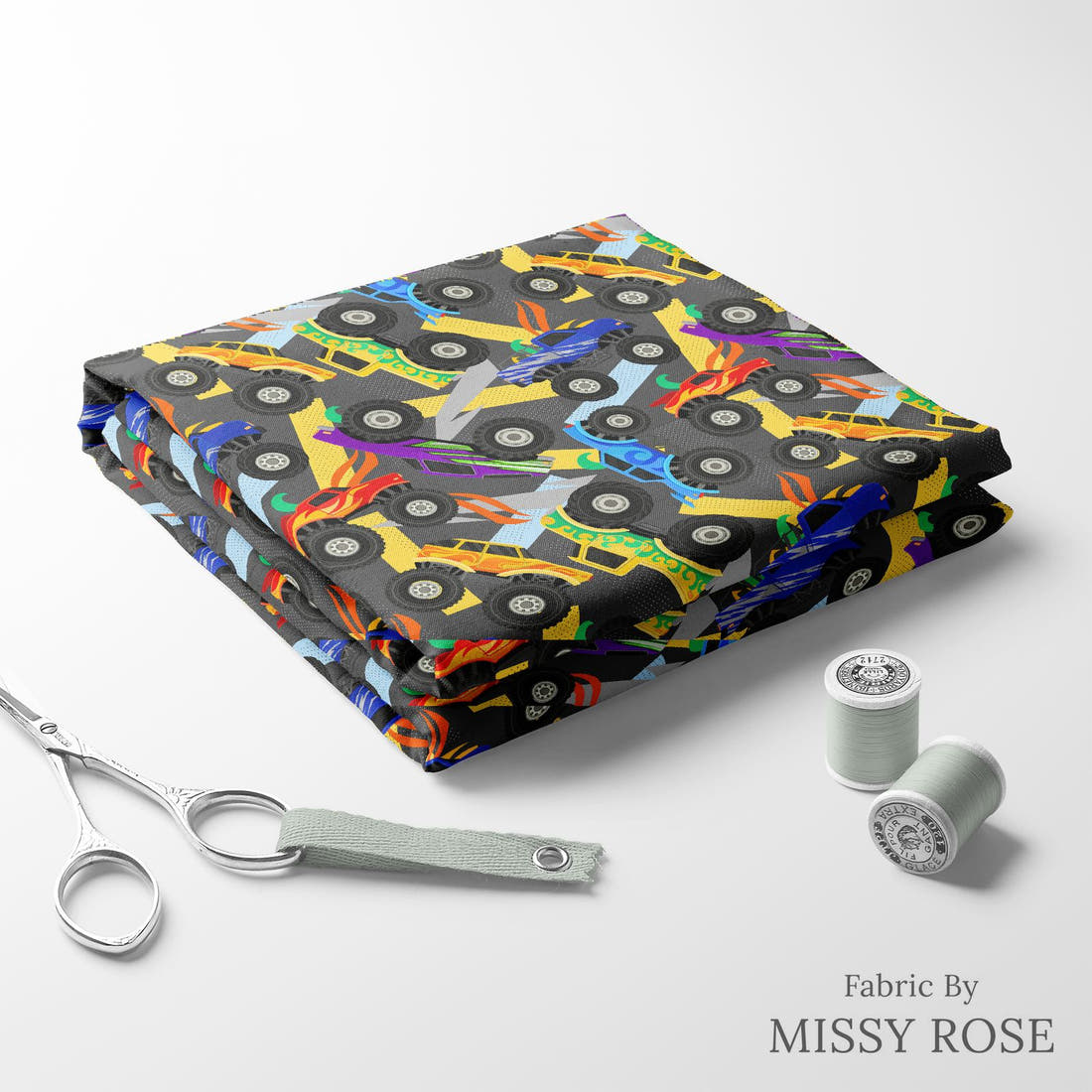 Design 137 Grey Monster Truck Fabric folded fabric stack with matching thread – pre-order fabric Australia | Fabric by Missy Rose