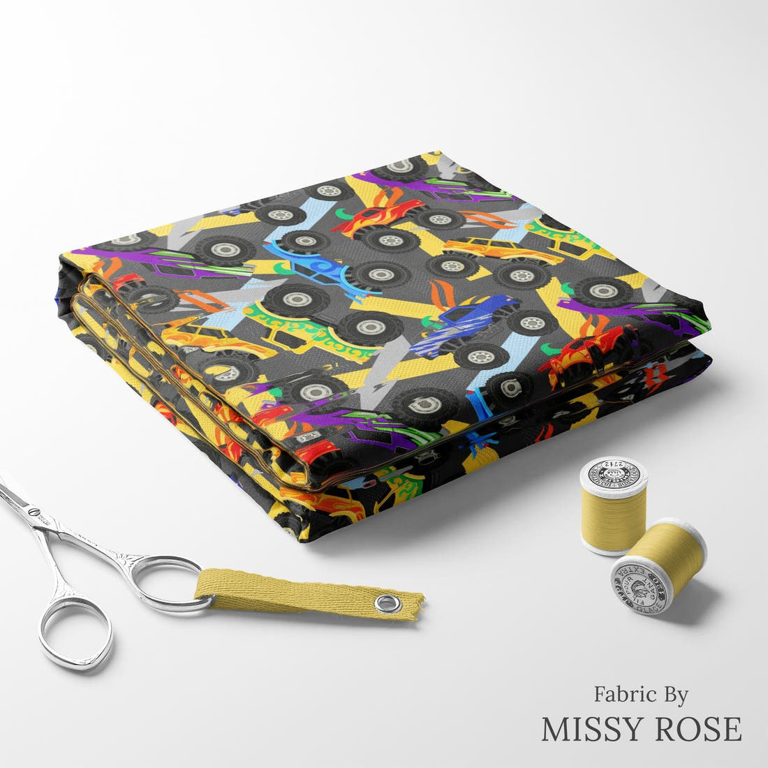 Design 137 Grey Monster Truck Fabric folded fabric stack with matching thread – pre-order fabric Australia | Fabric by Missy Rose
