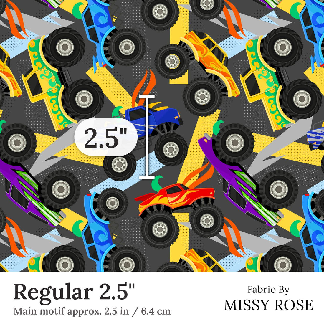 Design 137 Grey Monster Truck Fabric Regular 2.5 inch print scale guide | Fabric by Missy Rose