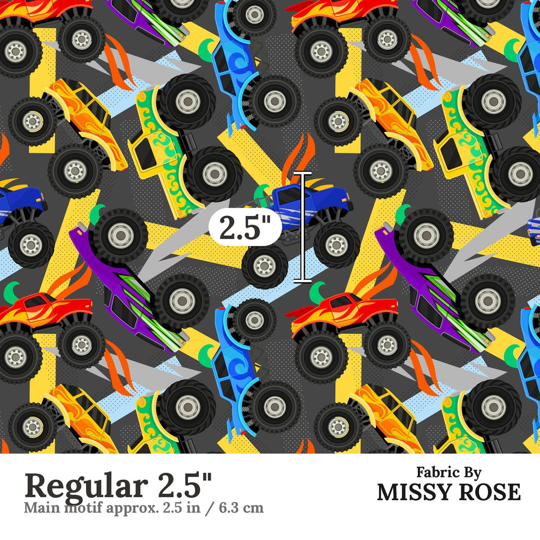 Design 137 Grey Monster Truck Fabric Regular 2.5" - print scale | Fabric by Missy Rose