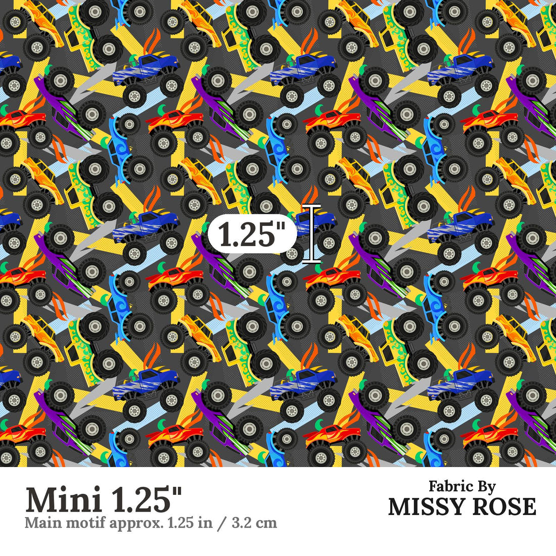 Design 137 Grey Monster Truck Fabric Mini 1.25" - print scale | Fabric by Missy Rose