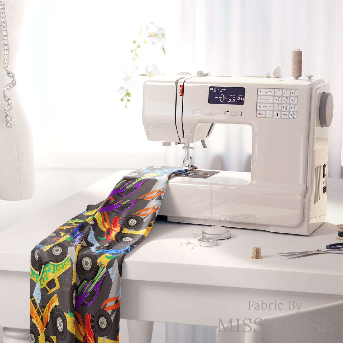 Design 137 Grey Monster Truck Fabric on a sewing machine – premium fabric for sewing projects | Fabric by Missy Rose