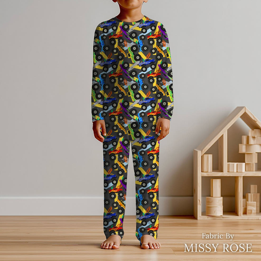 Design 137 Grey Monster Truck Fabric sewn into kids' pyjamas – see how the print looks made up | Fabric by Missy Rose
