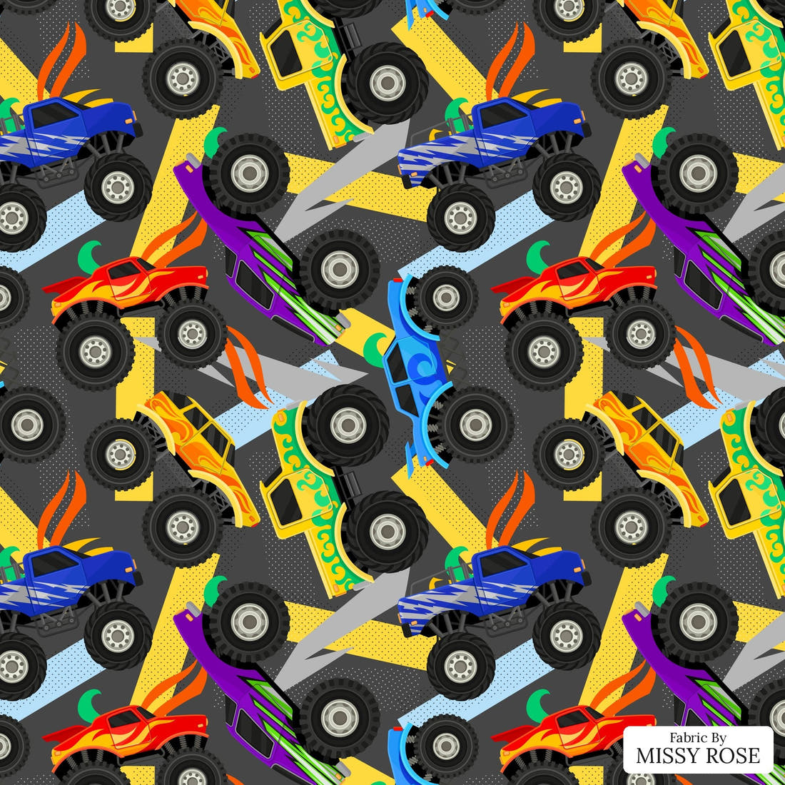 Design 137 Grey Monster Truck Fabric - flat view of the print, zoom in for detail | Fabric by Missy Rose