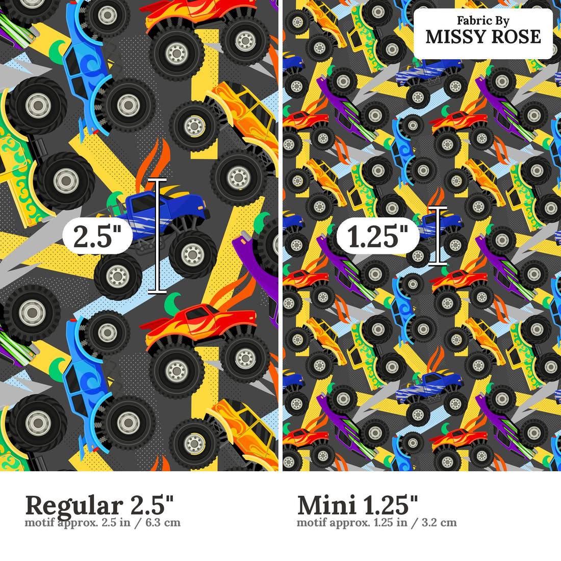 Design 137 Grey Monster Truck Fabric size comparison - print scale | Fabric by Missy Rose