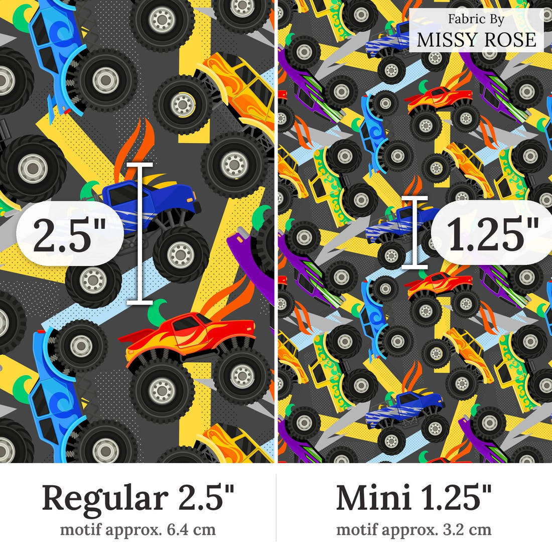 Design 137 Grey Monster Truck Fabric Regular 2.5 inch vs Mini 1.25 inch print scale side by side | Fabric by Missy Rose
