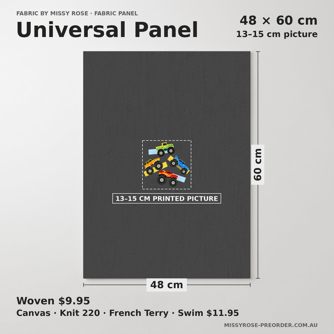 Design 137 Grey Monster Truck Panel universal panel sizing – 13–15 cm printed picture on 48 × 60 cm fabric | Fabric by Missy Rose