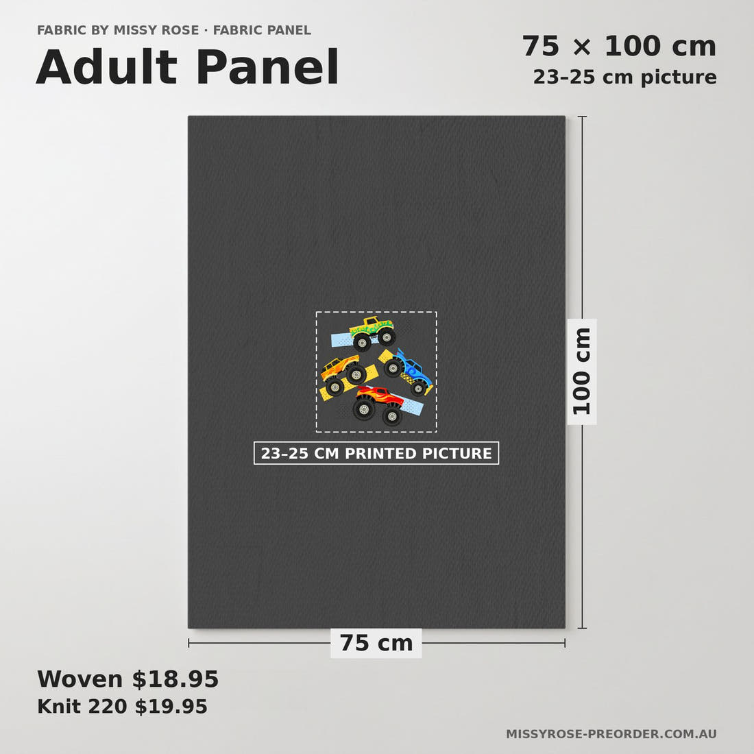Design 137 Grey Monster Truck Panel adult panel sizing – 23–25 cm printed picture on 75 × 100 cm fabric | Fabric by Missy Rose