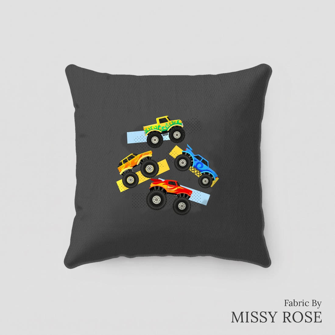 Design 137 Grey Monster Truck Panel sewn into a cushion – see how the panel looks made up | Fabric by Missy Rose
