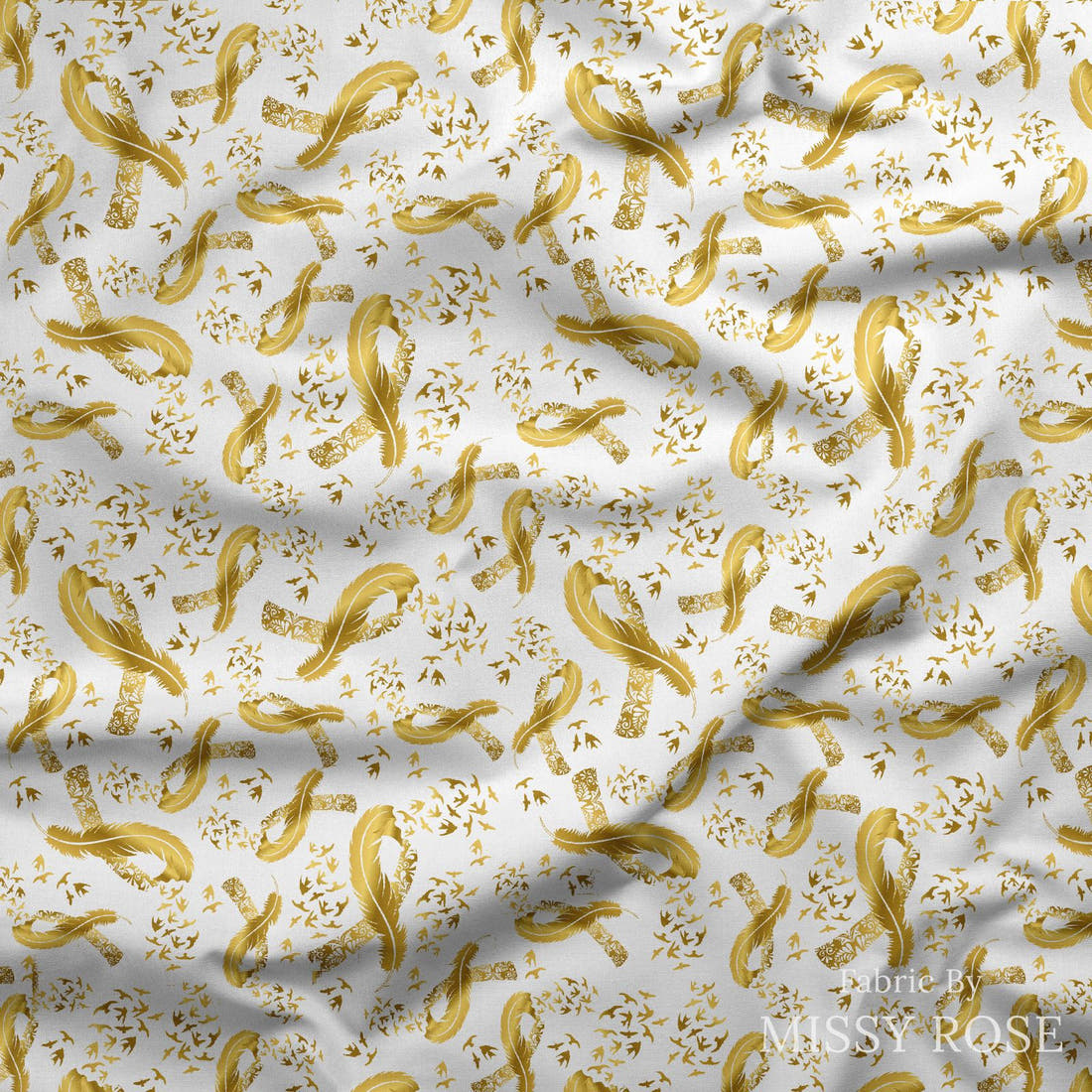 Design 138 Gold Ribbon Fabric draped fabric mockup – custom printed fabric by the metre | Fabric by Missy Rose