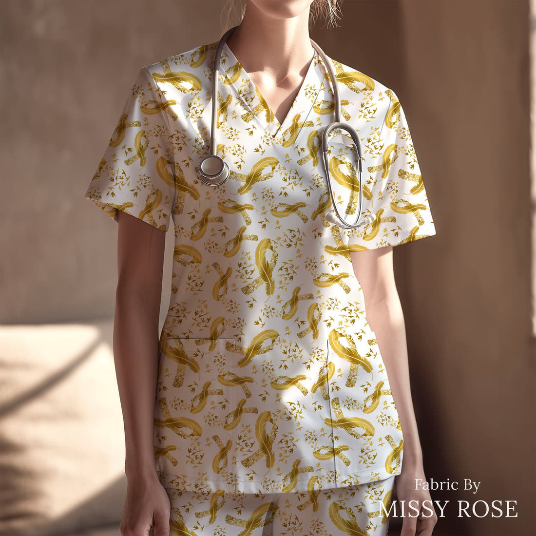 Design 138 Gold Ribbon Fabric sewn into a scrubs top – see how the print looks made up | Fabric by Missy Rose