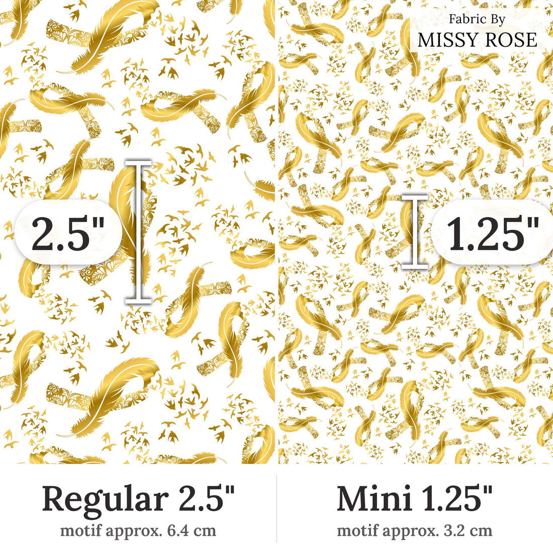 Design 138 Gold Ribbon Fabric Regular 2.5 inch vs Mini 1.25 inch print scale side by side | Fabric by Missy Rose