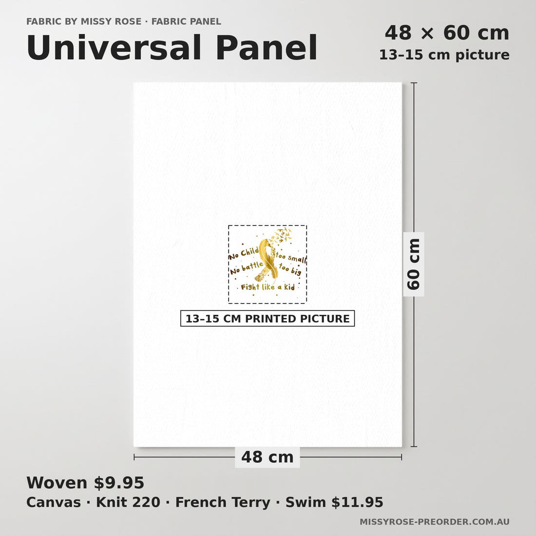 Design 138 Gold Ribbon Panel universal panel sizing – 13–15 cm printed picture on 48 × 60 cm fabric | Fabric by Missy Rose