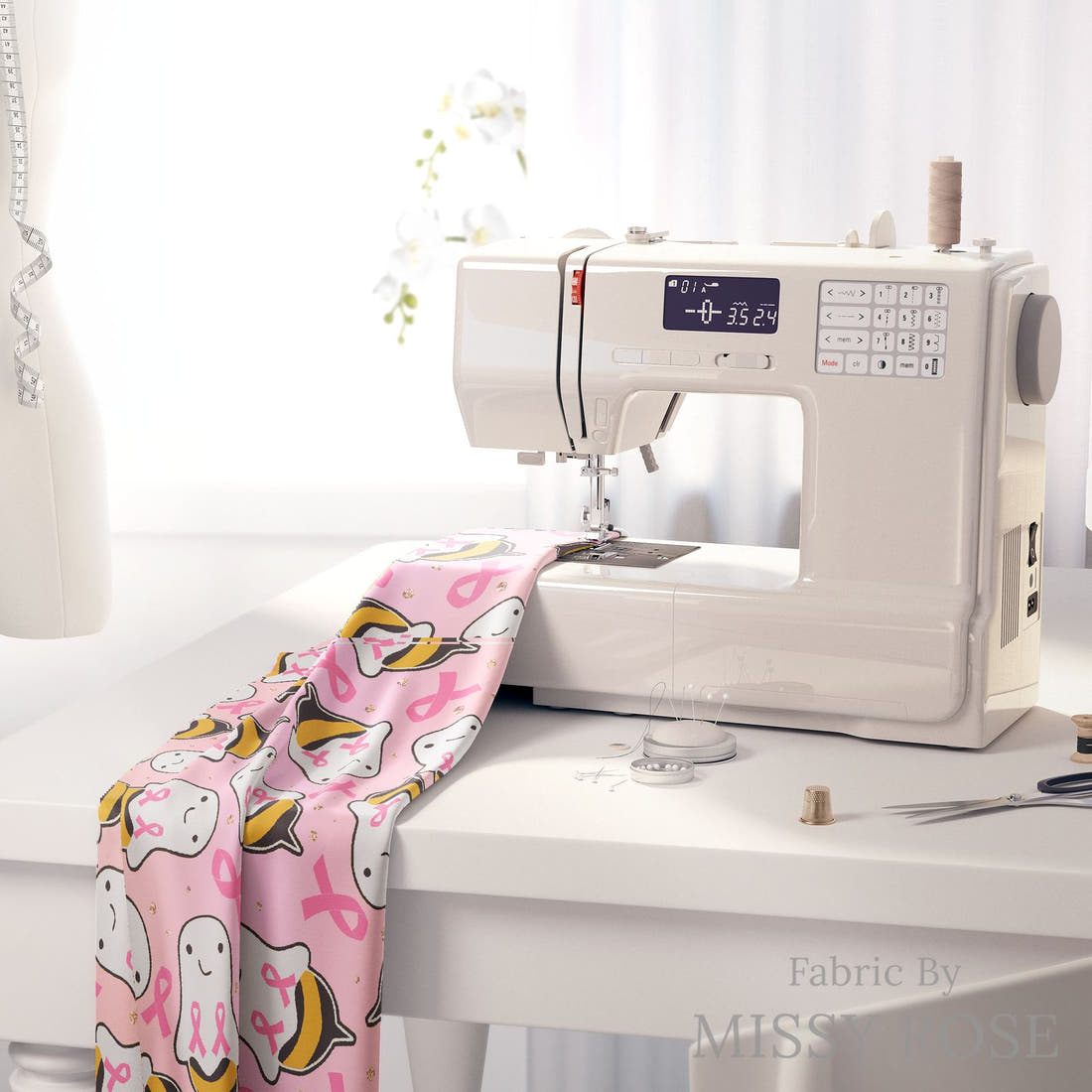 Design 139 Boo Bees Fabric on a sewing machine – premium fabric for sewing projects | Fabric by Missy Rose
