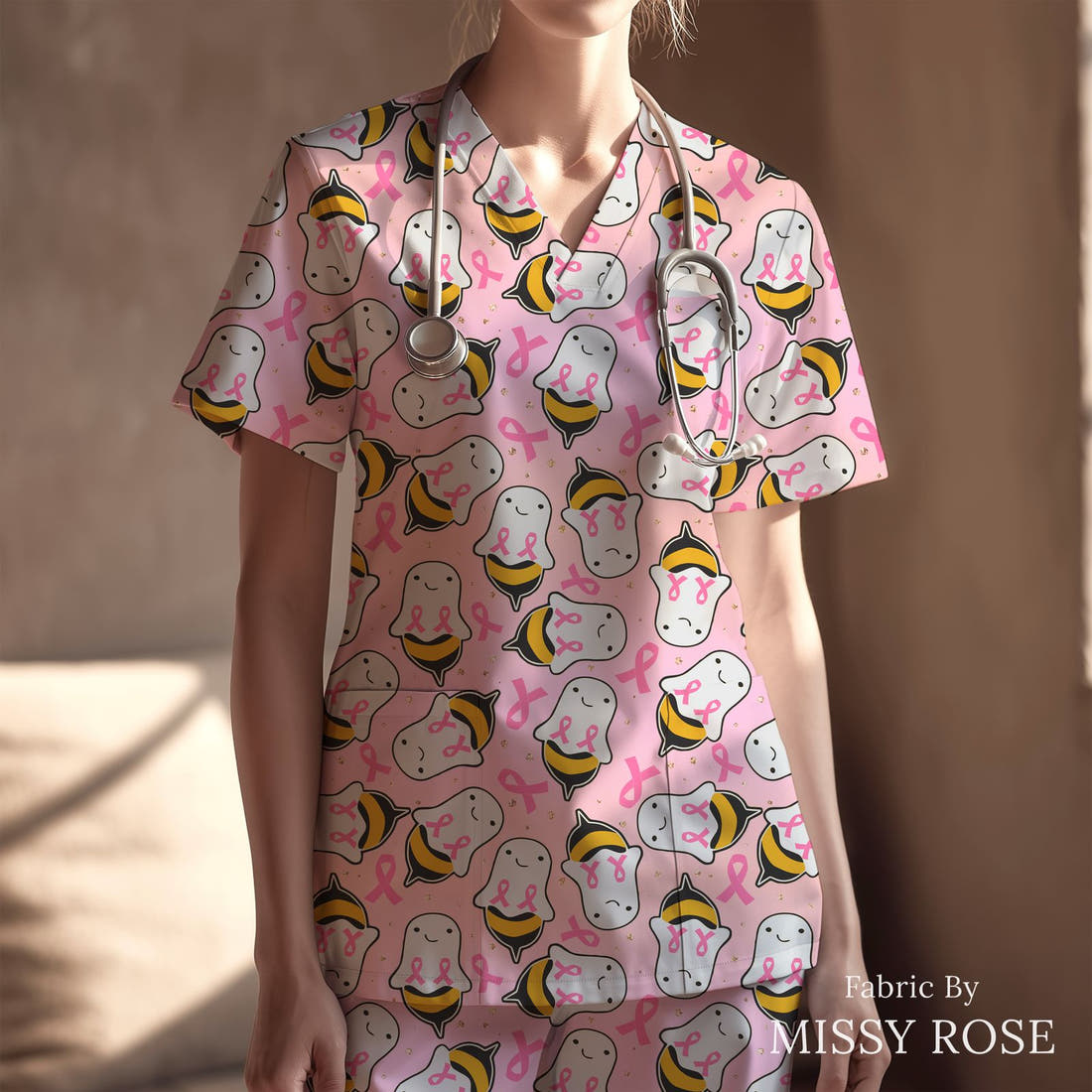 Design 139 Boo Bees Fabric sewn into a scrubs top – see how the print looks made up | Fabric by Missy Rose