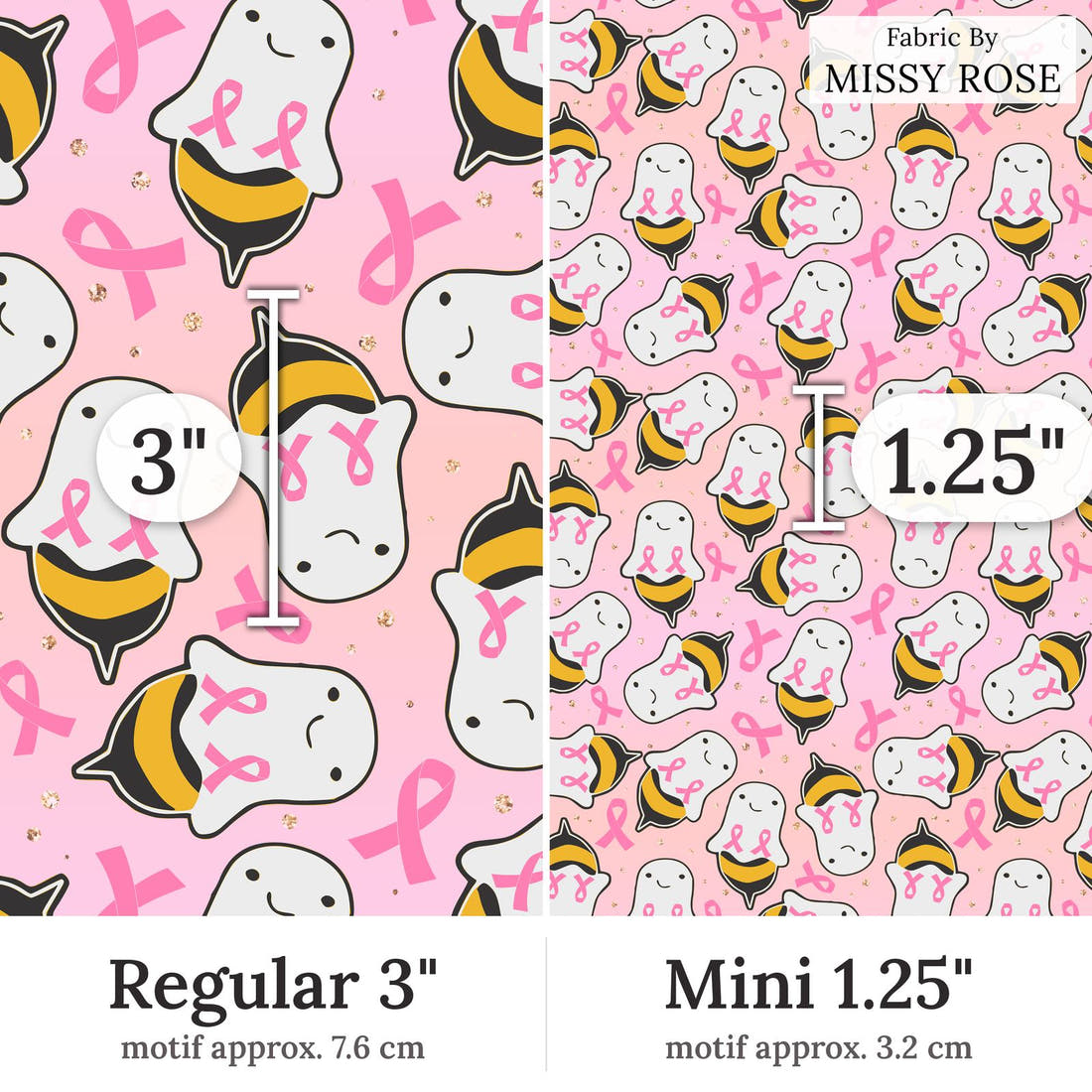 Design 139 Boo Bees Fabric Regular 3 inch vs Mini 1.25 inch print scale side by side | Fabric by Missy Rose