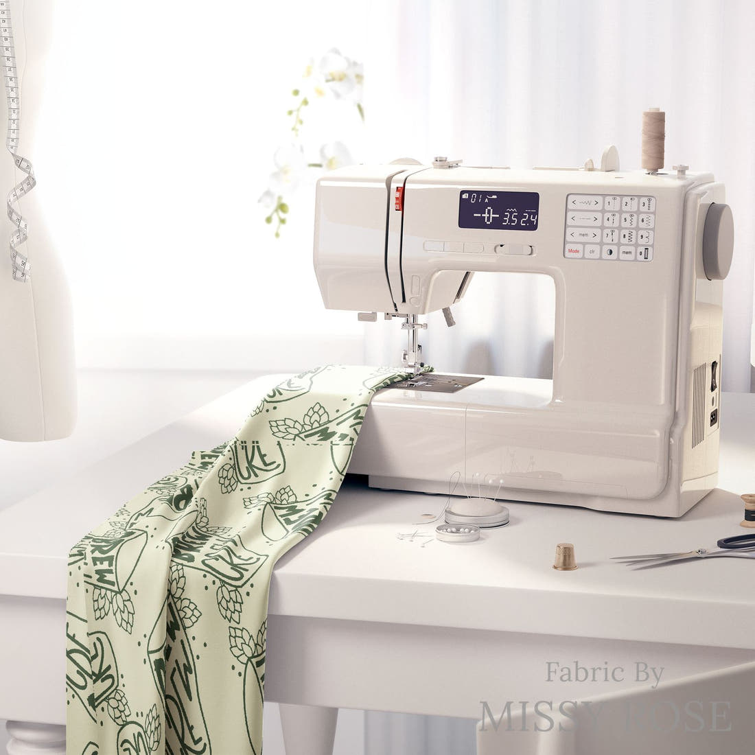 Design 14 Brew Crew Fabric on a sewing machine – premium fabric for sewing projects | Fabric by Missy Rose