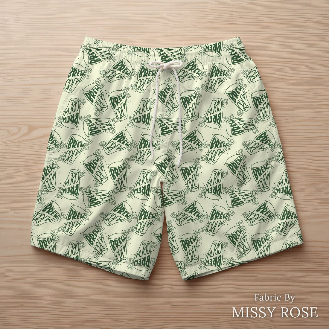 Design 14 Brew Crew Fabric sewn into swim shorts – see how the print looks made up | Fabric by Missy Rose