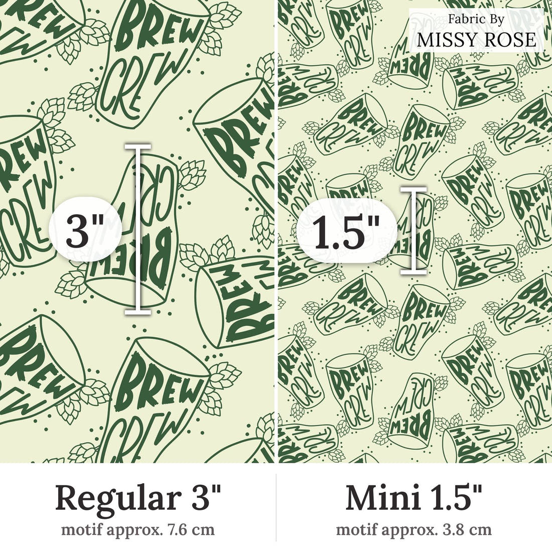 Design 14 Brew Crew Fabric Regular 3 inch vs Mini 1.5 inch print scale side by side | Fabric by Missy Rose
