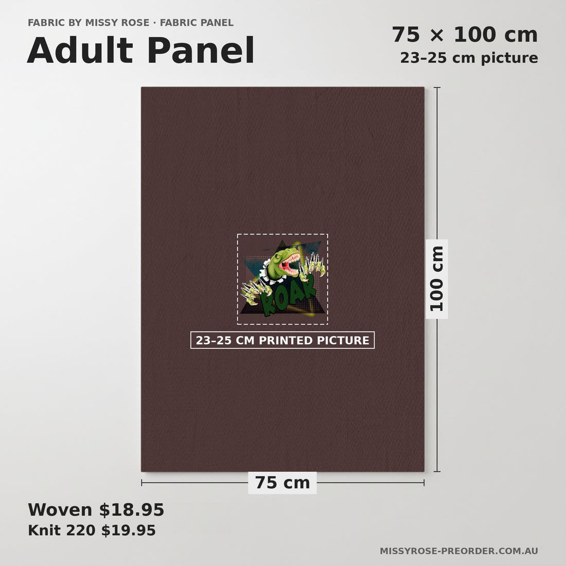 Design 140 Roar Panel adult panel sizing – 23–25 cm printed picture on 75 × 100 cm fabric | Fabric by Missy Rose