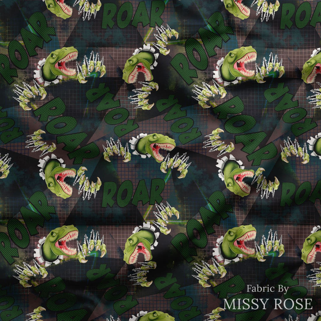 Design 140 Roar Fabric draped fabric mockup – custom printed fabric by the metre | Fabric by Missy Rose