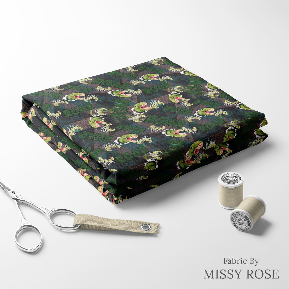 Design 140 Roar Fabric folded fabric stack with matching thread – pre-order fabric Australia | Fabric by Missy Rose