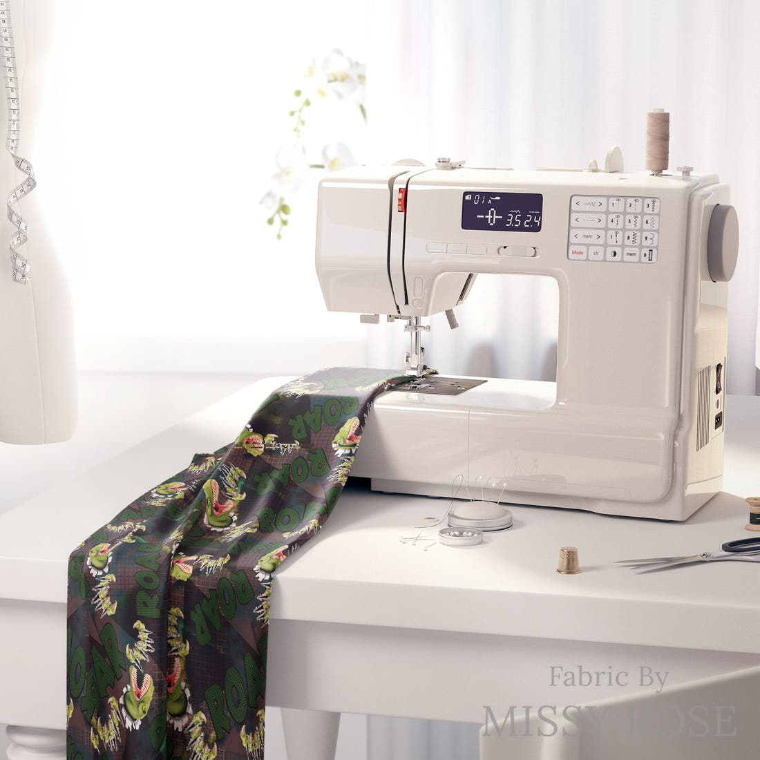 Design 140 Roar Fabric on a sewing machine – premium fabric for sewing projects | Fabric by Missy Rose