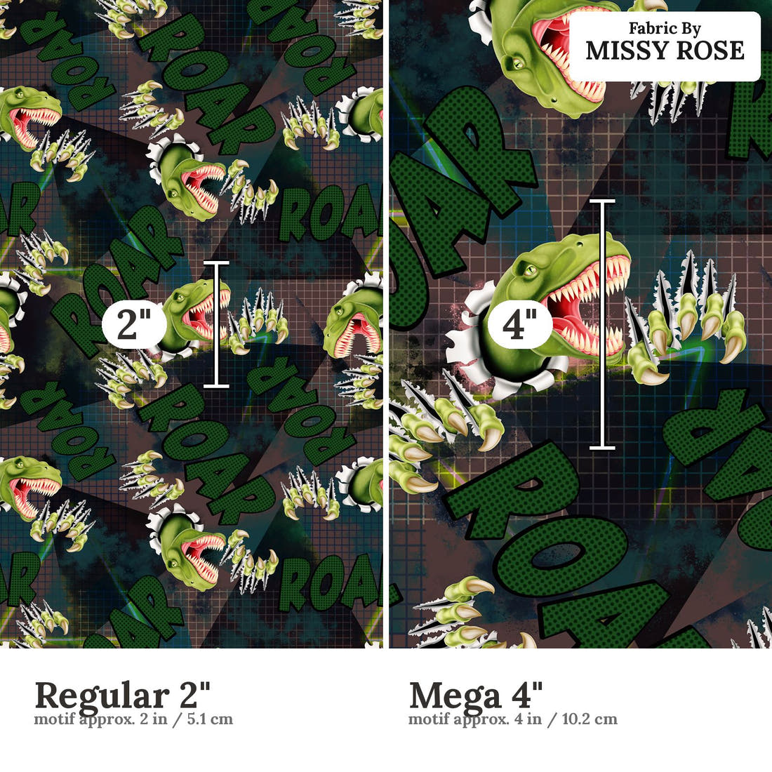 Design 140 Roar Fabric size comparison - print scale | Fabric by Missy Rose