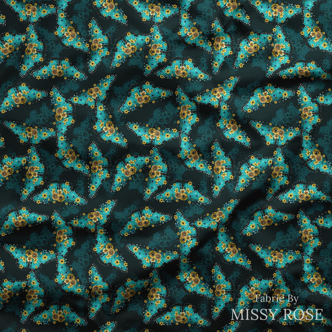 Design 141 Butterfly Fabric draped fabric mockup – custom printed fabric by the metre | Fabric by Missy Rose