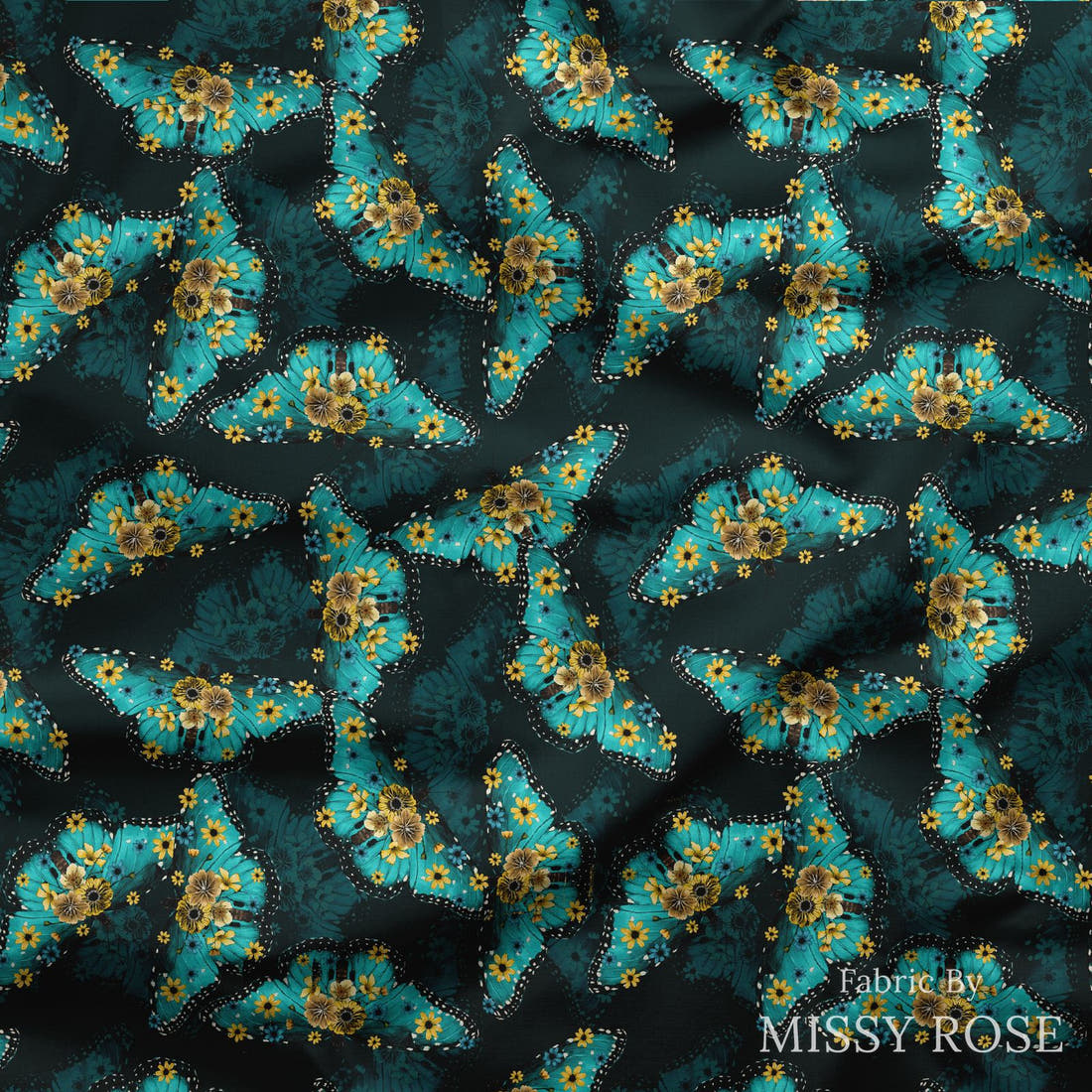 Design 141 Butterfly Fabric draped fabric mockup – custom printed fabric by the metre | Fabric by Missy Rose