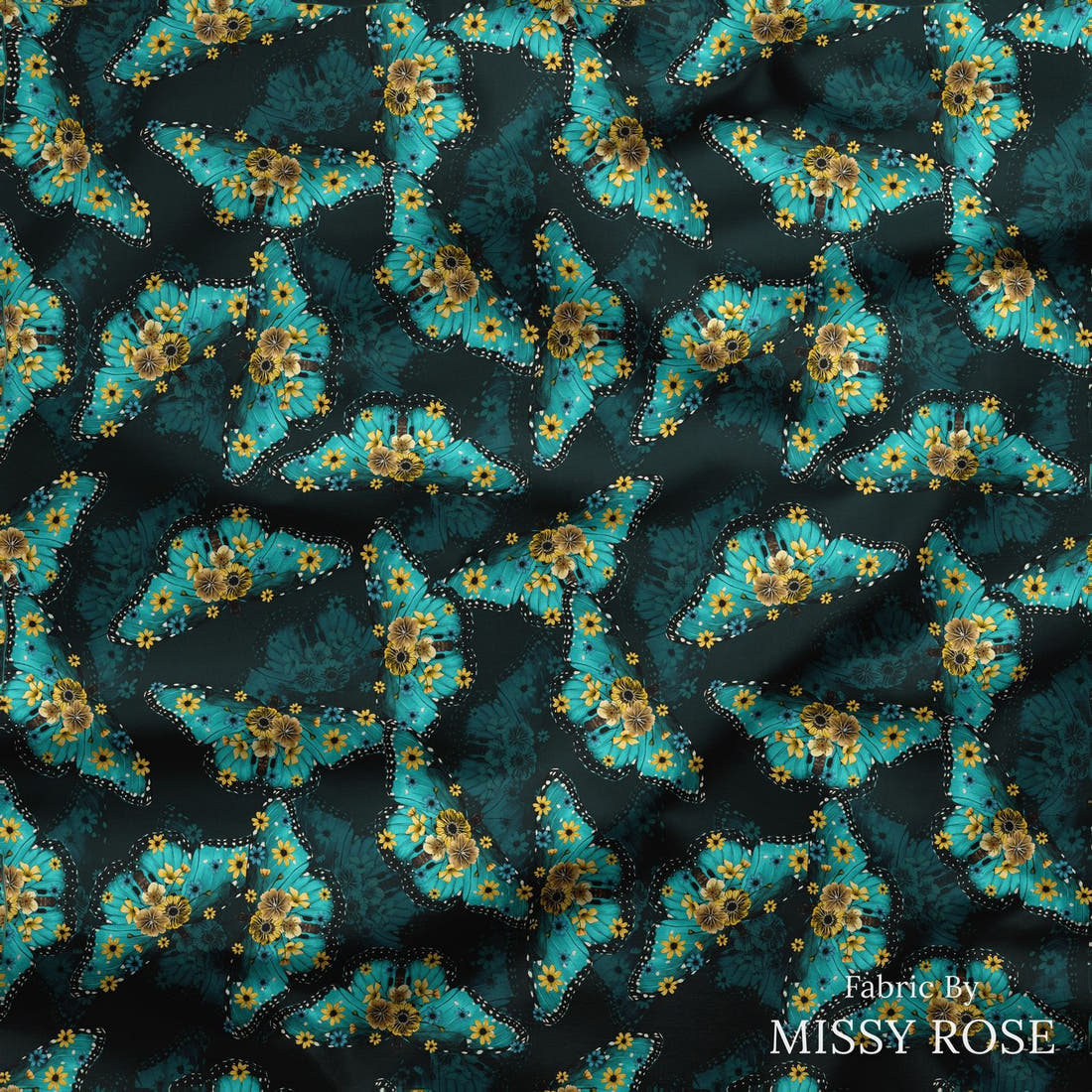 Design 141 Butterfly Fabric draped fabric mockup – custom printed fabric by the metre | Fabric by Missy Rose