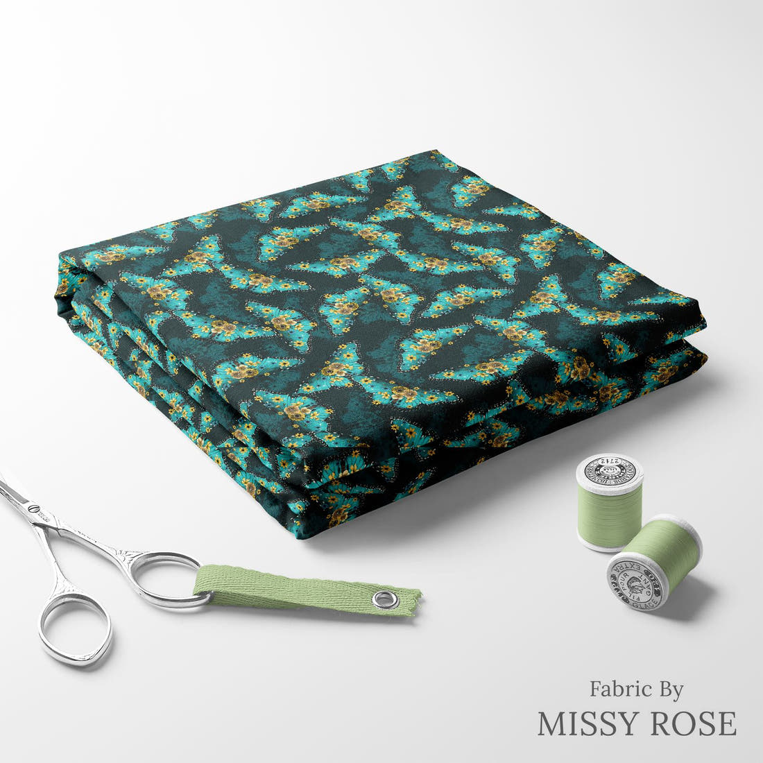 Design 141 Butterfly Fabric folded fabric stack with matching thread – pre-order fabric Australia | Fabric by Missy Rose
