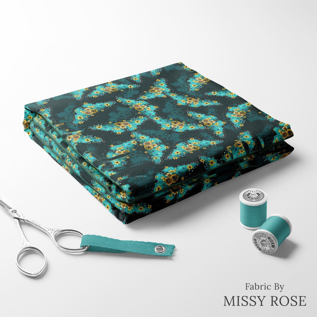 Design 141 Butterfly Fabric folded fabric stack with matching thread – pre-order fabric Australia | Fabric by Missy Rose