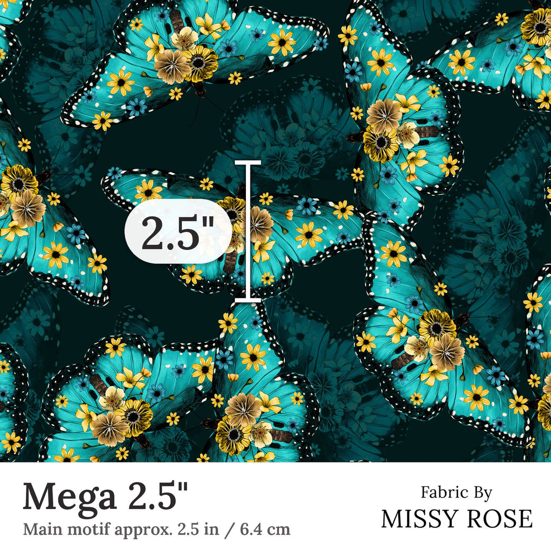 Design 141 Butterfly Fabric Mega 2.5 inch print scale guide | Fabric by Missy Rose