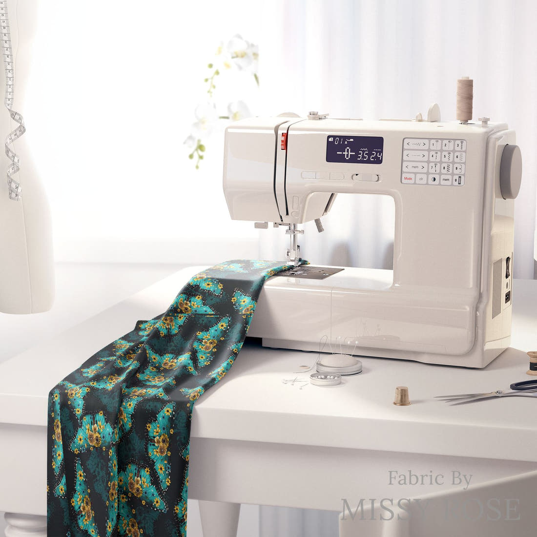 Design 141 Butterfly Fabric on a sewing machine – premium fabric for sewing projects | Fabric by Missy Rose