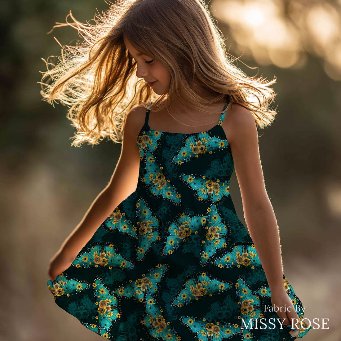 Design 141 Butterfly Fabric sewn into a girls' dress – see how the print looks made up | Fabric by Missy Rose