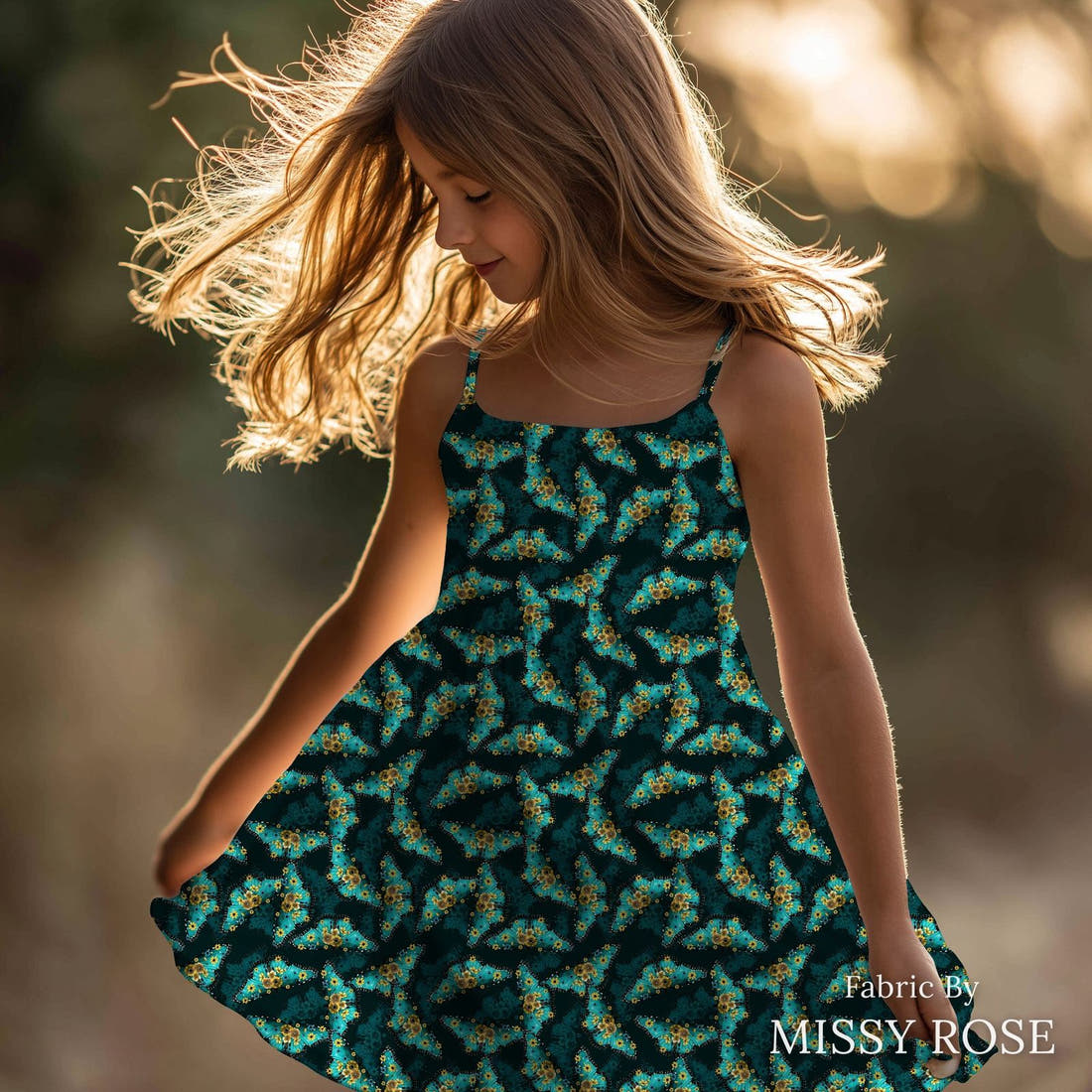 Design 141 Butterfly Fabric sewn into a girls' dress – see how the print looks made up | Fabric by Missy Rose