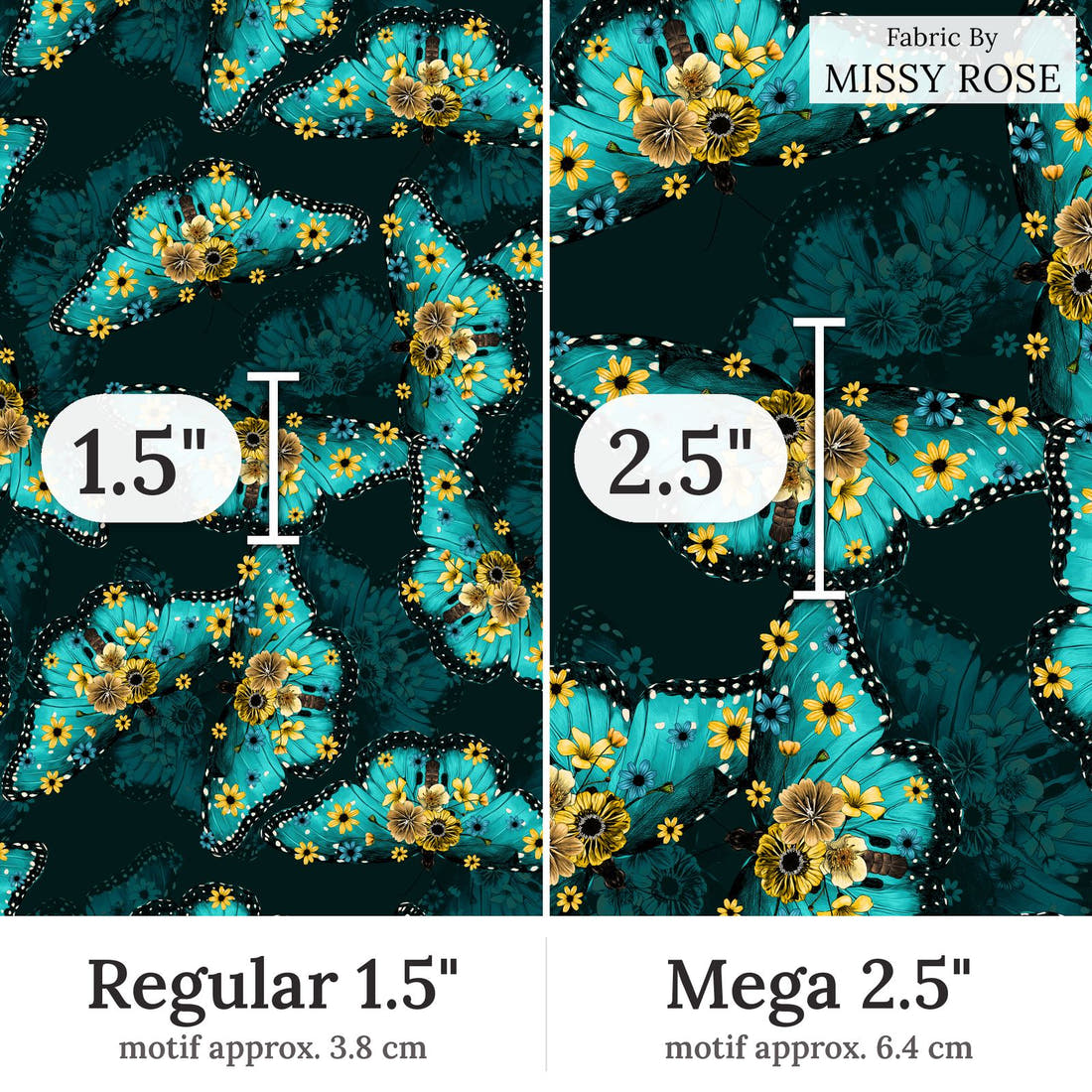 Design 141 Butterfly Fabric Regular 1.5 inch vs Mega 2.5 inch print scale side by side | Fabric by Missy Rose