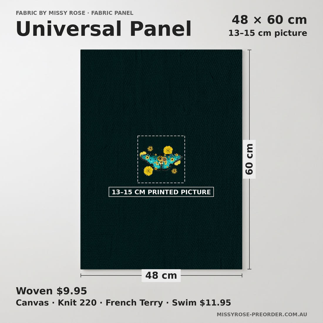 Design 141 Butterfly Panel universal panel sizing – 13–15 cm printed picture on 48 × 60 cm fabric | Fabric by Missy Rose