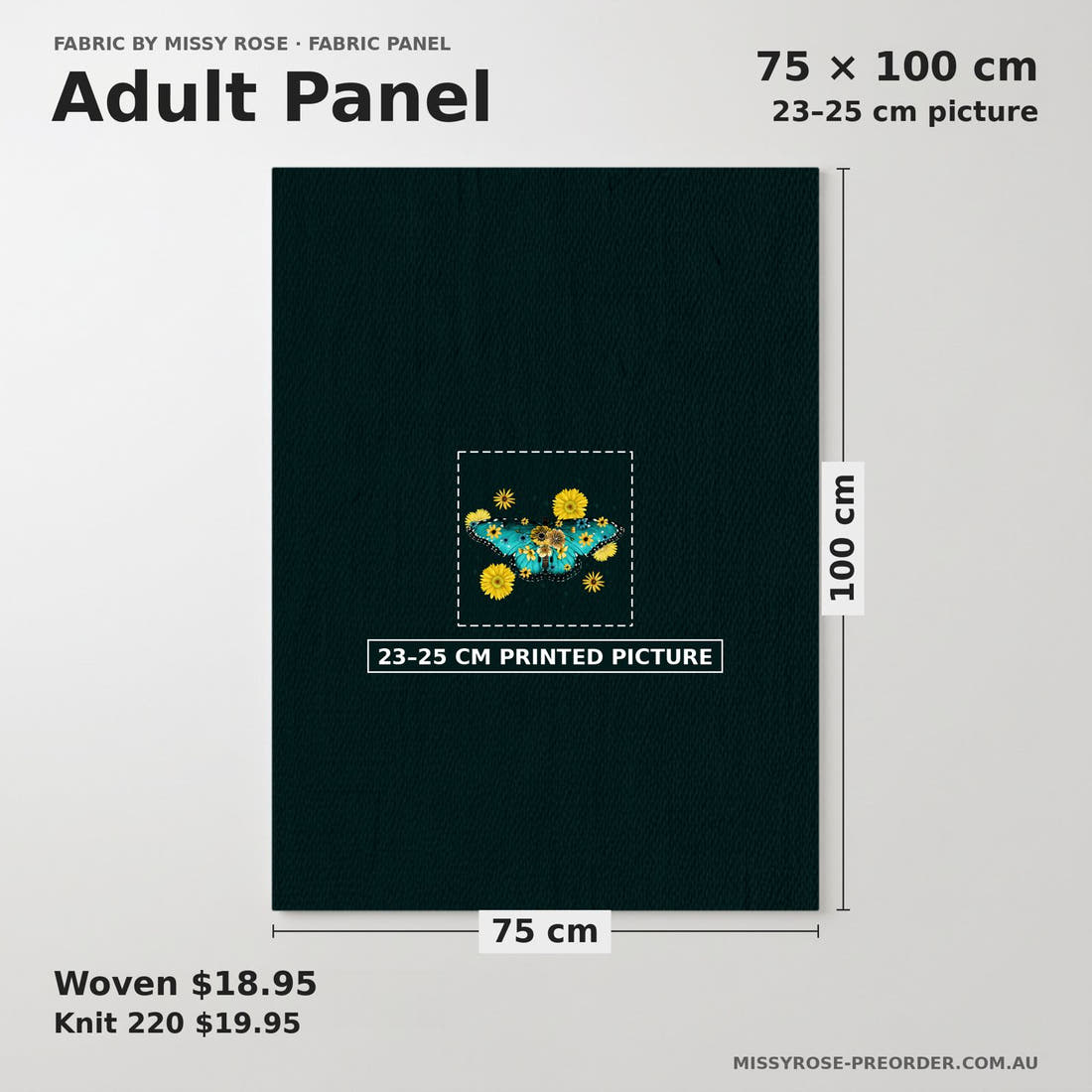 Design 141 Butterfly Panel adult panel sizing – 23–25 cm printed picture on 75 × 100 cm fabric | Fabric by Missy Rose