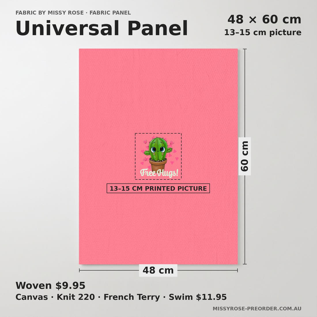 Design 142 Pink Cactus Panel universal panel sizing – 13–15 cm printed picture on 48 × 60 cm fabric | Fabric by Missy Rose