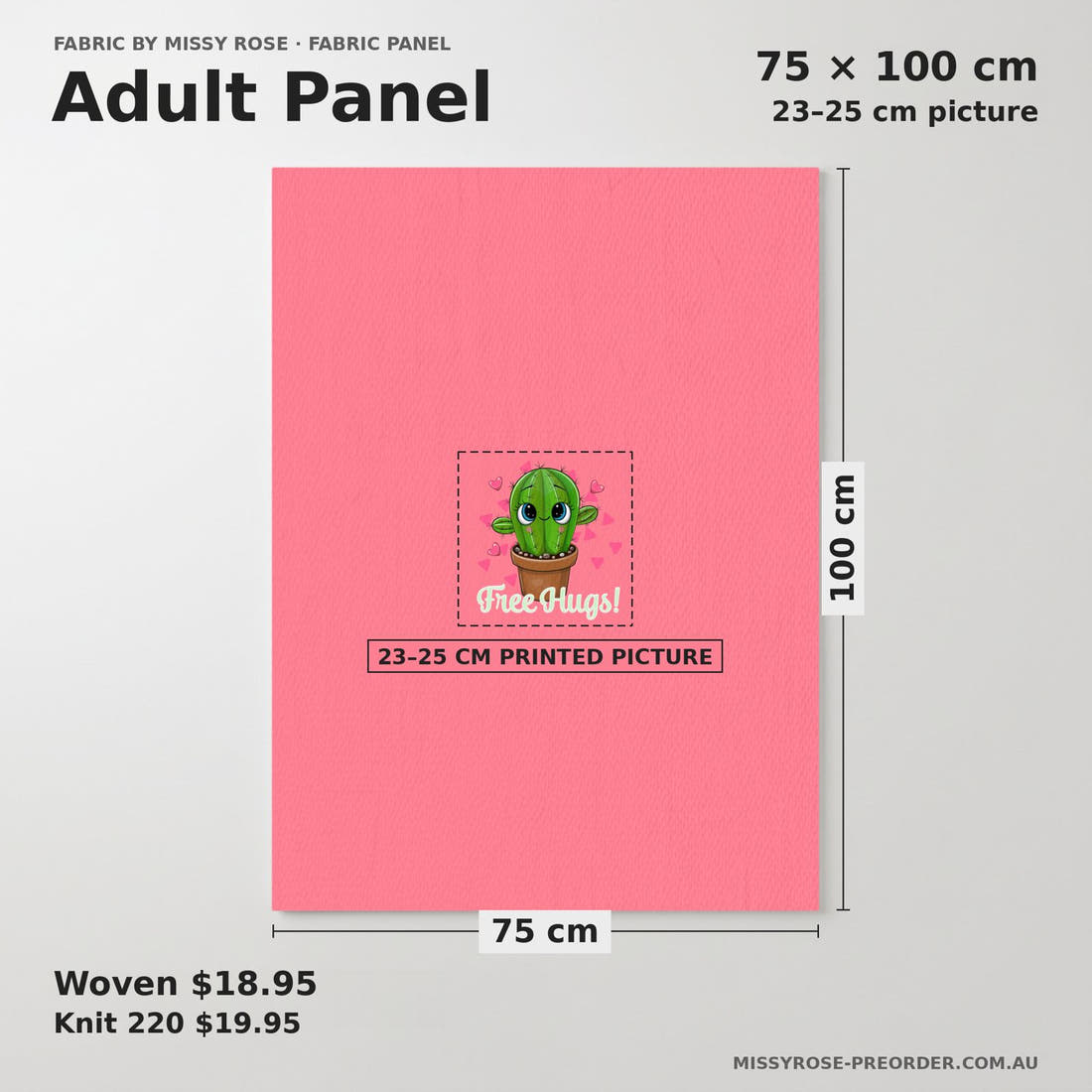 Design 142 Pink Cactus Panel adult panel sizing – 23–25 cm printed picture on 75 × 100 cm fabric | Fabric by Missy Rose