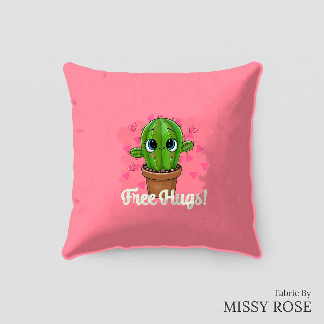 Design 142 Pink Cactus Panel sewn into a cushion – see how the panel looks made up | Fabric by Missy Rose
