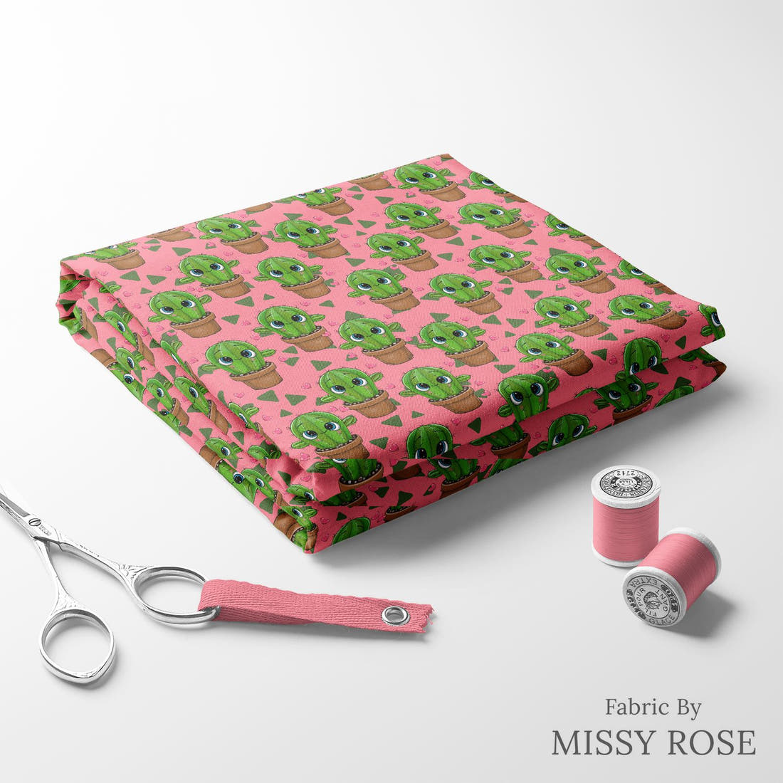 Design 142 Pink Cactus Fabric folded fabric stack with matching thread – pre-order fabric Australia | Fabric by Missy Rose